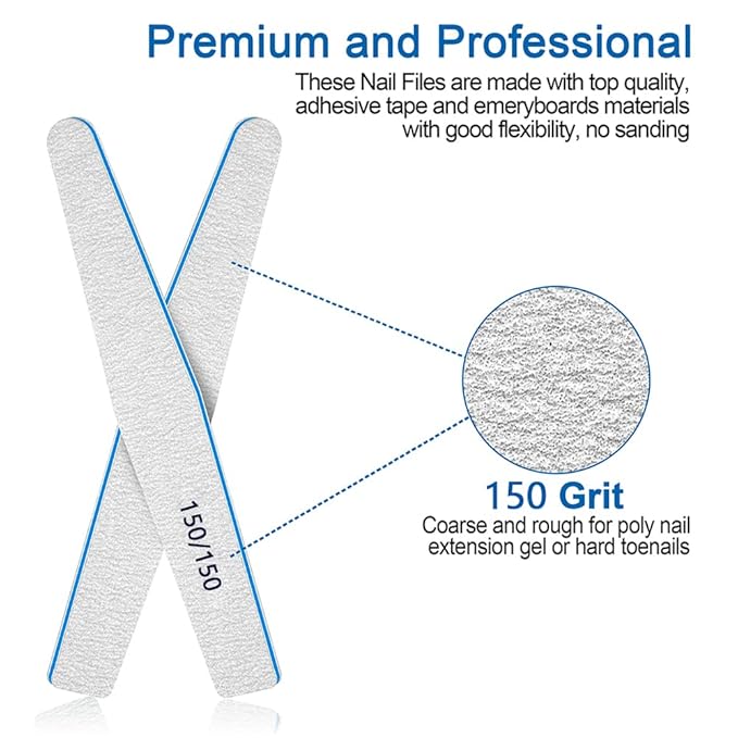 Nail Files 150/150 Grit, 12pcs for Poly Extension Gel, Emery Boards for Acrylic and False Nails, Coarse Manicure Pedicure Tools for Home Salon