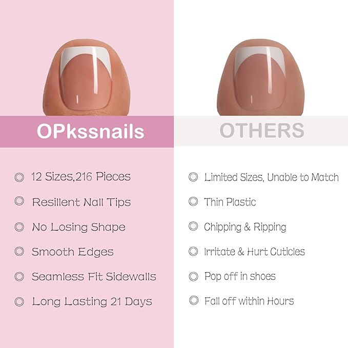 Brown Press on Nail for Women, OPkssnails 216pcs Summer French Tip Press on Toenails Short Square, Soft Gel Toe Nail Tips, Soak off Acrylic Fake Toe Nail Extensions 12 Sizes