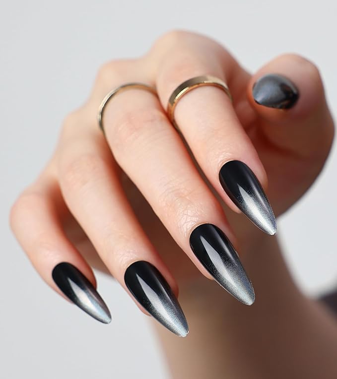 Morily Black Stiletto Press on Nails, 24Pcs Chrome Ombre Fake Nails Medium Length Glossy Artificial False Nails with Designs Long Reusable Stick on Nails for Women