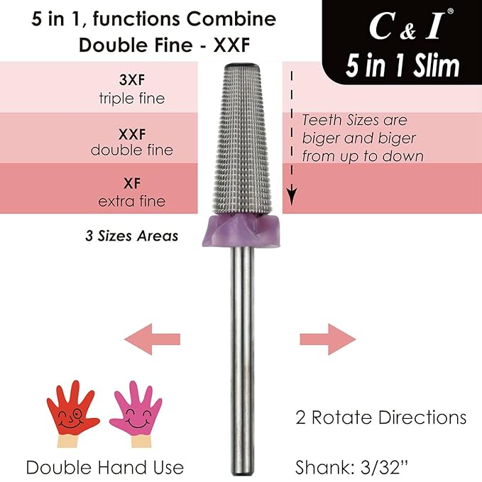 C & I 5 in 1 Nail Drill Bit, Slim Edition, Professional Manicure Drills for Electric Nail Drill Machine (Double Fine -XXF)
