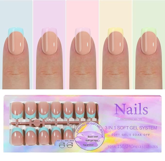 French Tip Press On Nails Short Square Soft Gel Nails in 5 Color Charm Design, 3-in-1 Seamless Design with High Elasticity,DIY Soak Off Fake Nails 15 Sizes, 150Pcs (Multicolor 07)