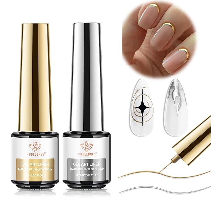 modelones Metallic Gold Silver Gel Liner Nail Polish 2 Pcs Chrome Mirror 3D Effect Nail Art Polish Bronze Thin Brush For Swirl Soak Off French Tip DIY Salon Nail Glue Manicure Gift For Women Girls