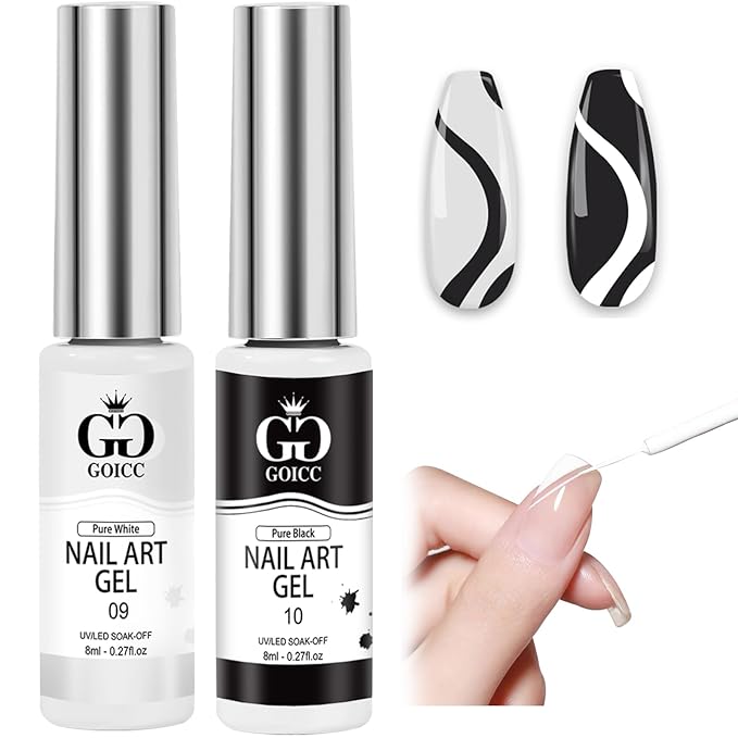 Black and White Gel Nail Polish Art Liner – 2 Colors Gel Nail Polish White Black Liner for Nail Art Design French Tips Soak Off UV/LED 8ml (B6)