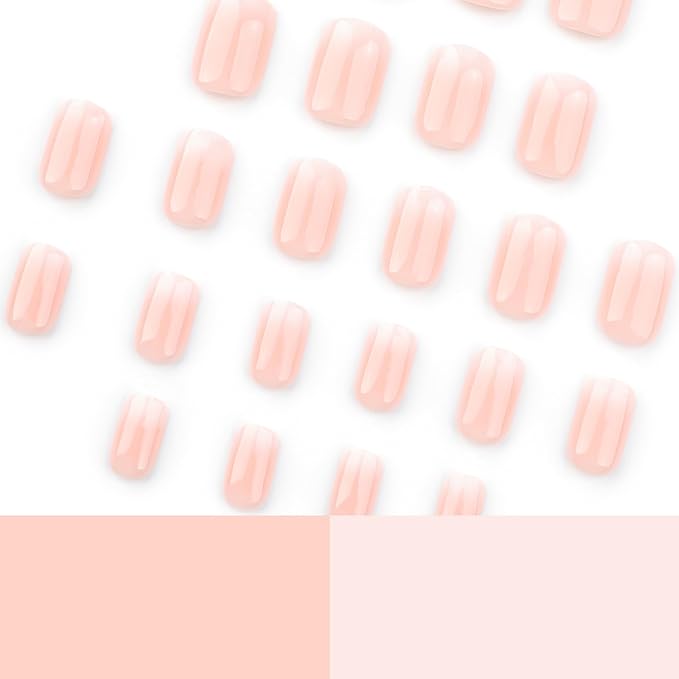 Ombre Fake Nails Short Square Press on Nails Nude Gradient Acrylic Nails Glossy Nature Glue on Artificial Nail Squoval False Nails Press ons with for Women Manicure Decoration 24Pcs