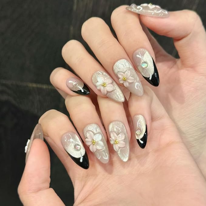 Handmade Press on Nails Almond French Tip Fake Nails with 3D Flower Designs False Nails Pink Glitter Acrylic Nails for Women 10pcs (Size M）