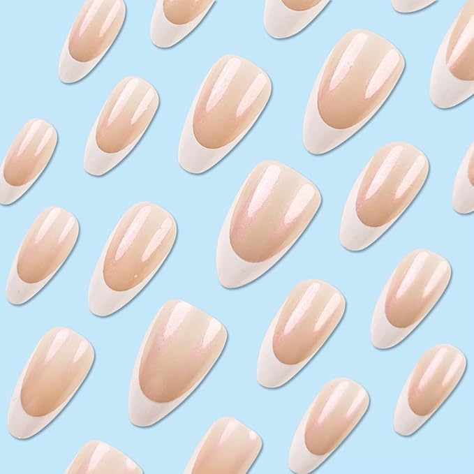French Tip Press on Nails Mediun Almond Fake Nails Press ons Chrome False Nails with Designs Glossy Full Cover Acrylic Glue on Nails Cute Artificial Stick on Nails for Women Manicure Decoration 24Pcs