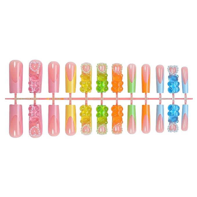 Square Press on Nails Long Fake Nails Color French Tip Acrylic Nails Press Ons With Cute Glue on Nail 3D Bear Charm Design False Nails Glossy Full Cover Artificial Nail for Women and Girls 24pcs