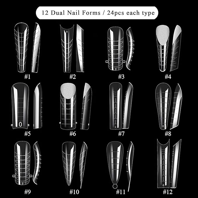Dual Nail Forms Kit 288Pcs Polygel Nail Tips 12 Styles Poly Gel Nail Forms Reusable Stiletto Coffin French Acrylic Nail Extension Molds with Accessories - for Beginners