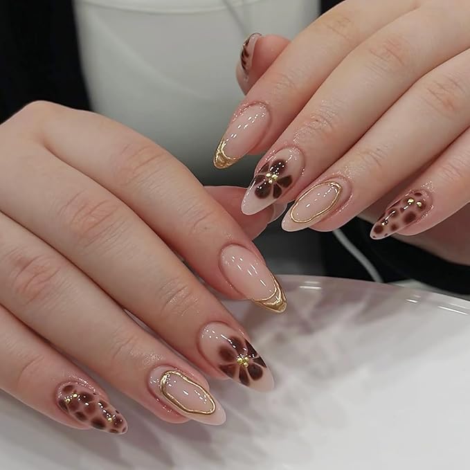 24Pcs Almond Shaped French Tip Chrome Gold 3D Lines Design Acrylic Press-On False Nails for Women Girls Manicure Decor