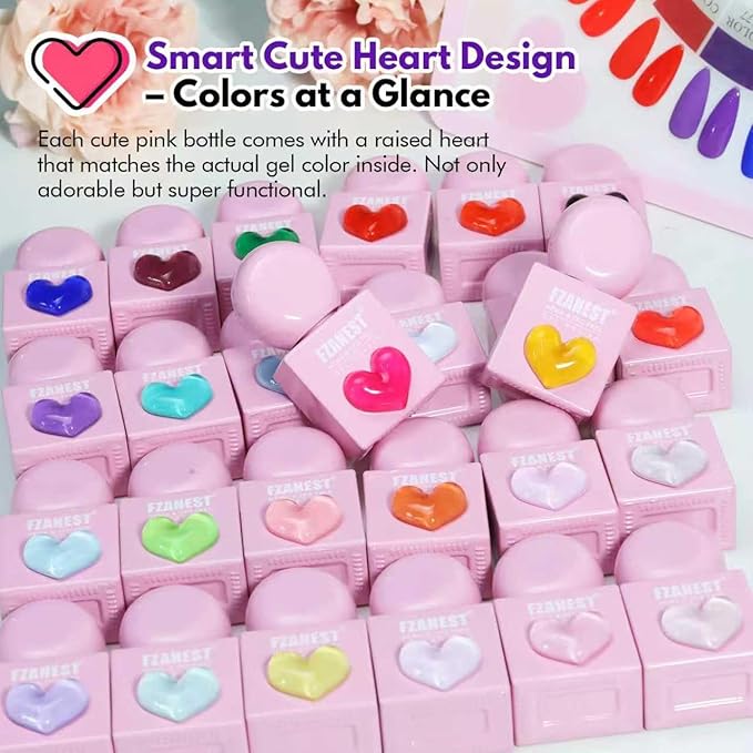 FZANEST 30pcs Gel Nail Polish Set, Professional HEAM-free TPO-free 10ml 26 Bright Colors DIY Gel Nail Set with Base Top Coat, Matte Top & Blooming – Pink Heart Shaped Bottles