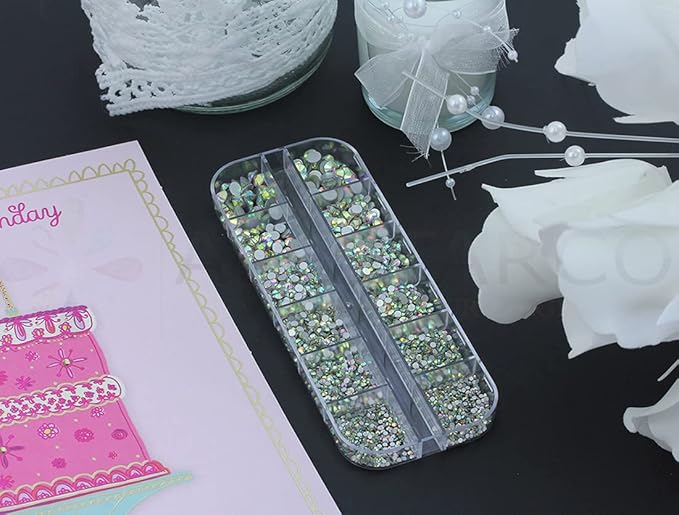Over 2100 Pieces Crystal AB Flat Back Glass Rhinestones Crystals for Nail Art Kit 6 Sizes (1.4mm - 4.8mm)
