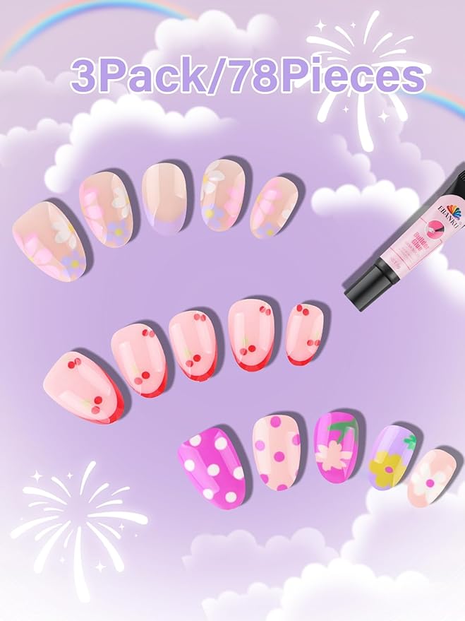 78PCS Kid Press on Nails, EBANKU 3 Pack Children Fake Nail Kit Full Cover Short False Fingernails with Nail Glue for Girl Nail Decoration (Colorful Polka Dots)