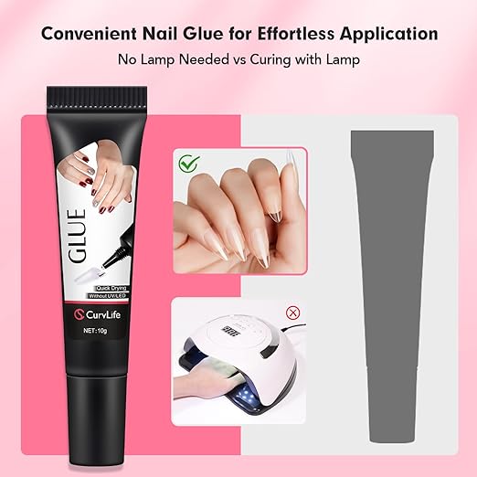 Curvlife Quick Drying 10g Semi Solid Nail Glue Gel with 10ml Remover with Cuticle Pusher Nail Art for Press On Nails Tips No Need for UV Lamp Long Lasting
