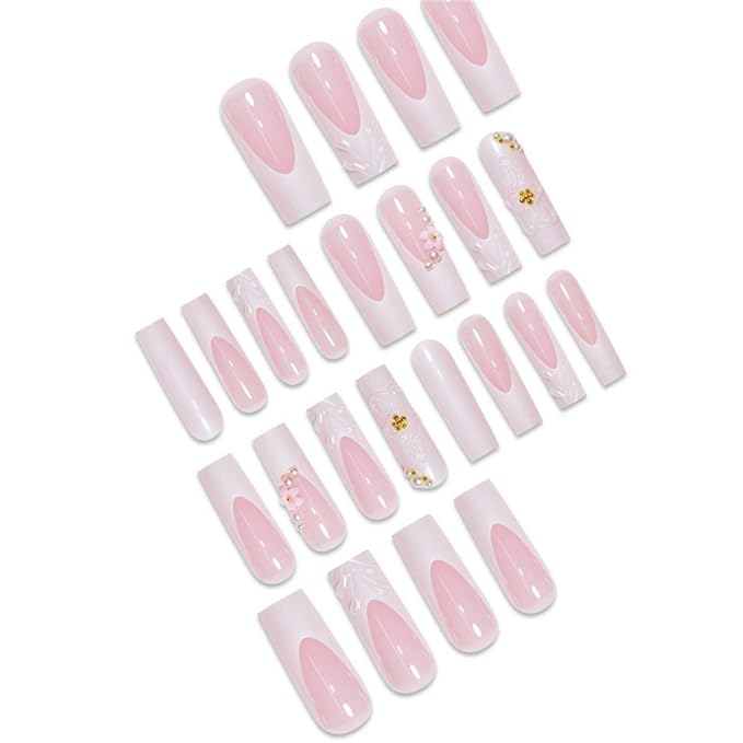 Square Press on Nails Long Fake Nails White Artificial Nail Flowers and Pearl Designs Glitter Stick on Nail for Women 24pcs
