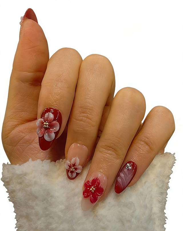 10 short Almond Handmade Press On Nails | 3D Floral Red & Nude Romantic Cherry Blossom Design with Rhinestones,New styles | Skip Salon Trips, Easy to Apply & Remove, Reusable (251108, XS)