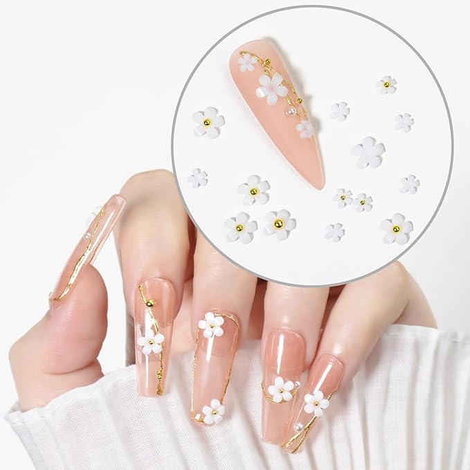3D Flower Nail Charms for Nails Colorful Flowers Flatback Nail Rhinestones White Pink Purple Acrylic Flower with Gold Silver Caviar Beads Round Pearls Nail Art Supplies Manicure DIY Nail Decorations
