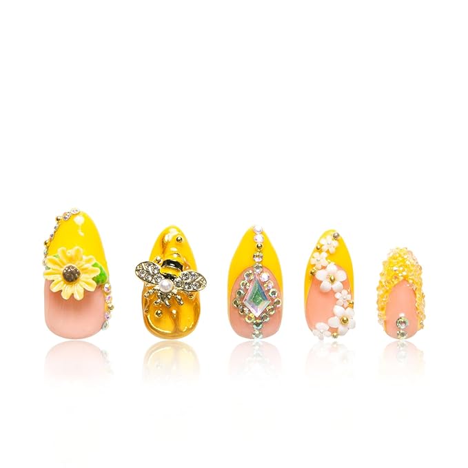LOVFUL Press on Nails Honey Bee Yellow | Handmade with Full Covered Crystals | Reusable Fake Nails | Almond Regular 1.0 in | H101-M