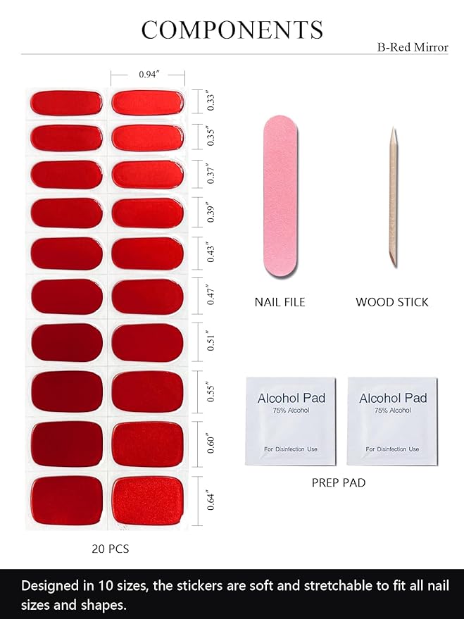 Semi Cured Gel Nail Strips (B-Red Mirror), Chrome, 20 Pcs Gel Nail Wraps, Stickers, Salon Quality, Long Lasting, Works with Any UV Lamps