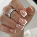 French Tip Press on Nails Short Square Fake Nails Chrome Mirror False Nails Press ons Shiny Nature Glue on Acrylic Nails Glossy Full Cover Stick on Nail for Women Manicure Decoration 24Pcs