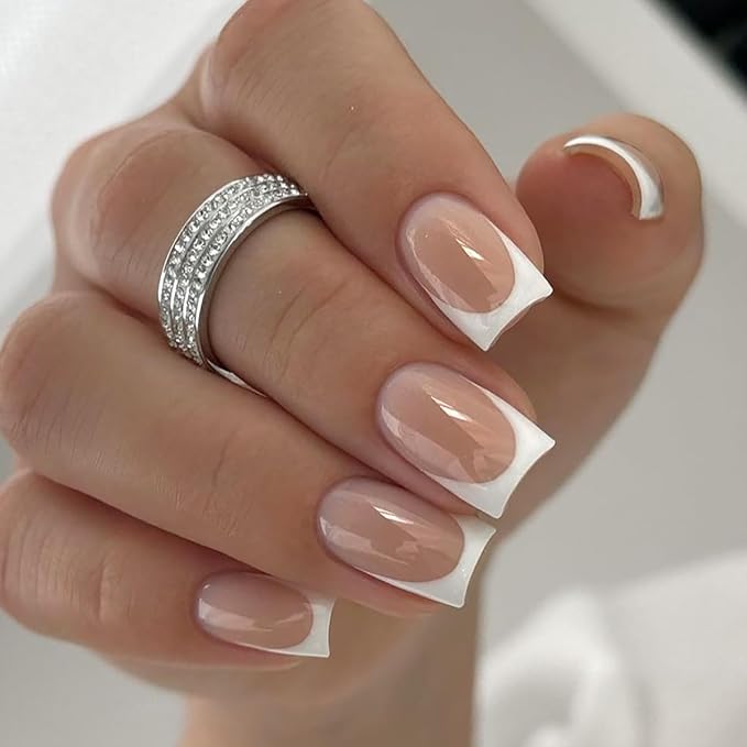 French Tip Press on Nails Short Square Fake Nails Chrome Mirror False Nails Press ons Shiny Nature Glue on Acrylic Nails Glossy Full Cover Stick on Nail for Women Manicure Decoration 24Pcs
