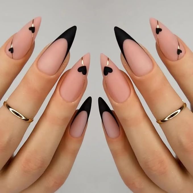 Black French Tip Press On Nails - Almond Medium Fake Nails with Gold Line Design - Heart Full Cover Stick On Nails for Women - 24 Pcs