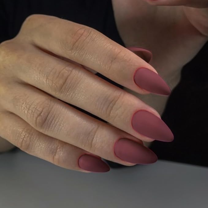 Matte Plum Press on Nails Almond Shaped 48Pcs Neutral Fake Nails for Women, Medium Almond Nails Press on Reusable Acrylic Nails Glue on Medium Length Stiletto False Nails Gel Artificial Nails