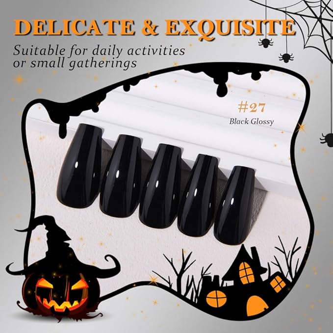 evpct Black Glossy Coffin Press on Nails Medium Square, Glossy Black Fake Nails False Nail Pure Color with Kit, Salon Quality Soft Gel Stick on Acrylic False Soft Nails Reusable Full Cover for Women