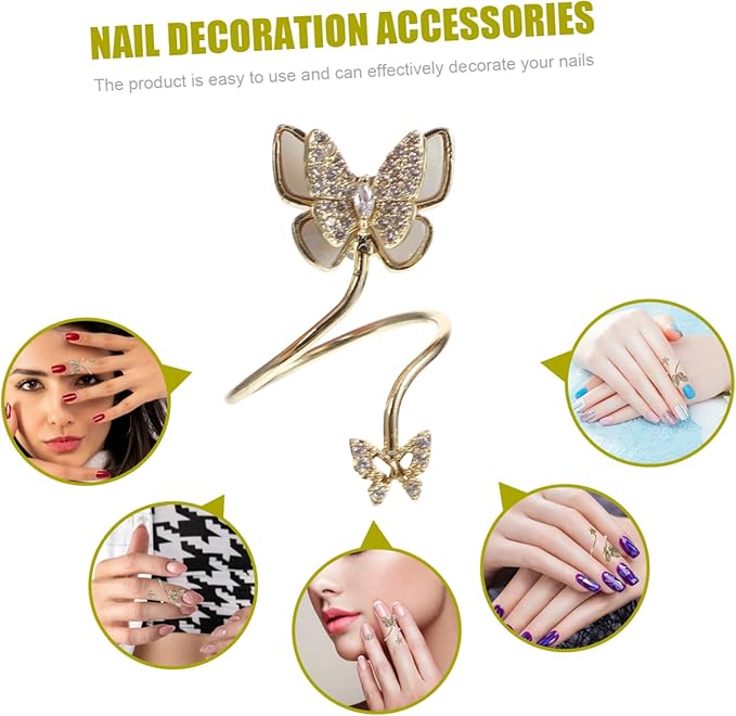 Butterfly Ring Sterling Silver Nail Art Decoration with Rhinestones Adjustable Finger Nail Ring for Women Stylish Charm Jewelry for Parties Weddings and Daily Wear