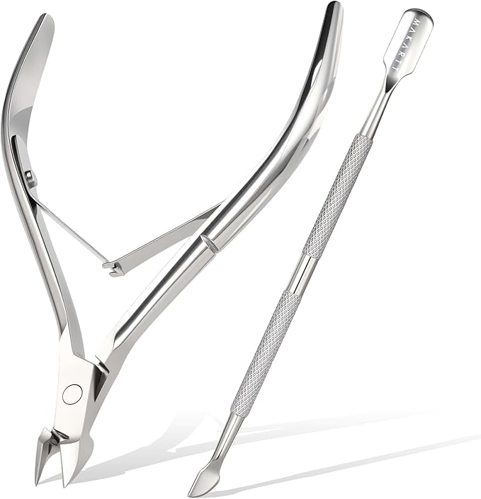 Makartt Cuticle Trimmer with Cuticle Pusher - Stainless Steel Cuticle Nipper with Dual Spring, Ergonomic Handle, 7mm Blade & Dual-Ended Pusher for Nail Care & Gel Removal, Silver