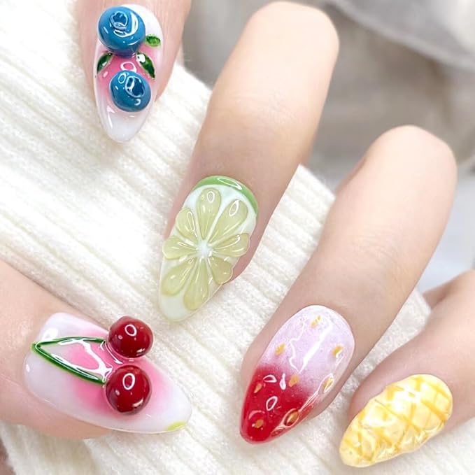 Press On Nails Medium Almond Shape - 3D Handmade Acrylic Gel Fake Nails with Glitter Designs, Reusable Thick Almond Nails for Women DIY Manicure Kit (10PCS, L Size, Easy Application)