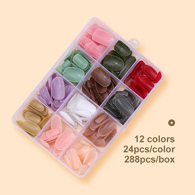 288 Pcs Press On Nails Short Almond Fake Nails Press Ons Set Full Cover Acrylic Glue on Nails Reusable Glossy Artificial Nail Kit Oval False Nails for Women Girls Manicure 12 Color
