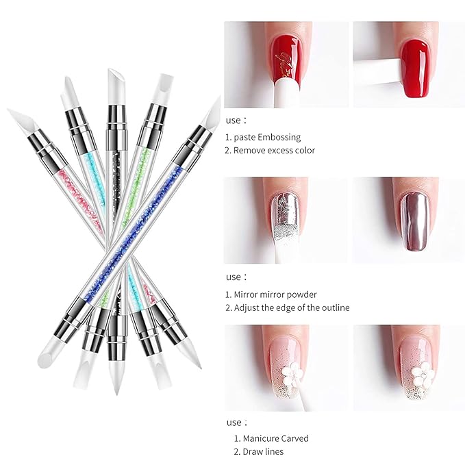 SILPECWEE 10 Pieces Dual Tipped Silicone Nail Tools Nail Art Sculpture Pen Rhinestone Nail Polish Carving Pen Acrylic Nail Brush Nail Art Brushes Nail Painting Kit for Salon DIY