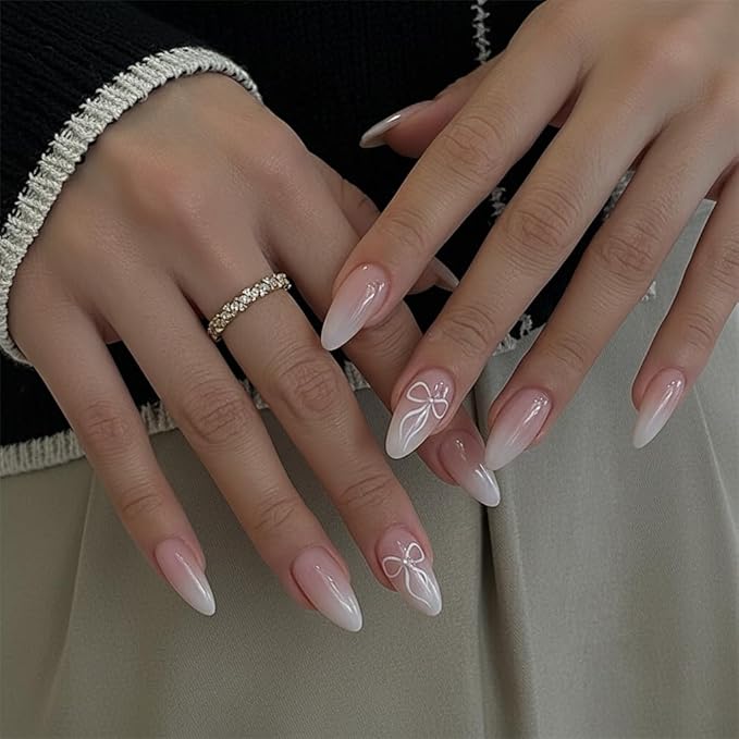 Press on Nails Almond White Gradient French Fake French Fake Nails Reusable Nail Kit with Glue Adhesive Tabs Mini Nail File for Women Manicure Nail Art Decoration 24PCS