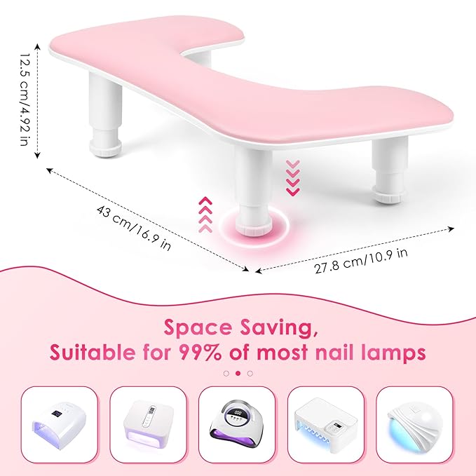Manicure Arm Rest for Nails Tech: U-shaped Adjustable Nail Armrest - Pink PU Leather Hand Stand Rest for Manicurists