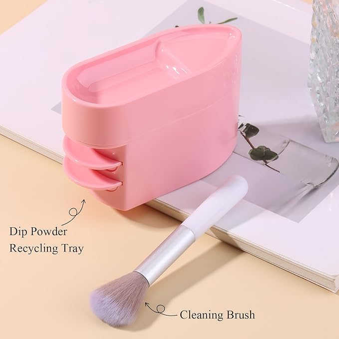 2 in 1 Dip Powder Recycling Tray System, Nail Dip Powder Storage Tray with Cleaning Brush, Container for Glitter, Sequins, Caviar Beads, Manicure Tool Kit for Home & Salon (Pink)