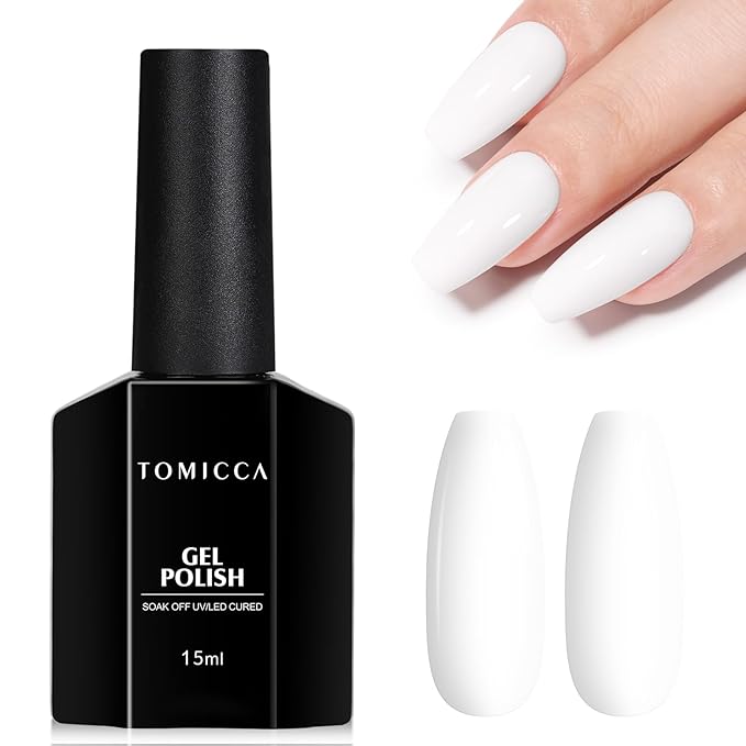 TOMICCA White Gel Nail Polish, 15ml White Gel Polish, Soak Off UV LED Soft Pale Color High Gloss Colors Long Lasting French Nail Art Manicure Salon DIY Design