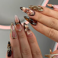 3D Press on Nails Medium Almond with Leopard & Flower Design, Sexy 3D French Tip Nail Press ons Glossy Stick on Nails for Women Reusable with Kit, Stick on Sexy Fake Nail with Designs Perfectly Fit