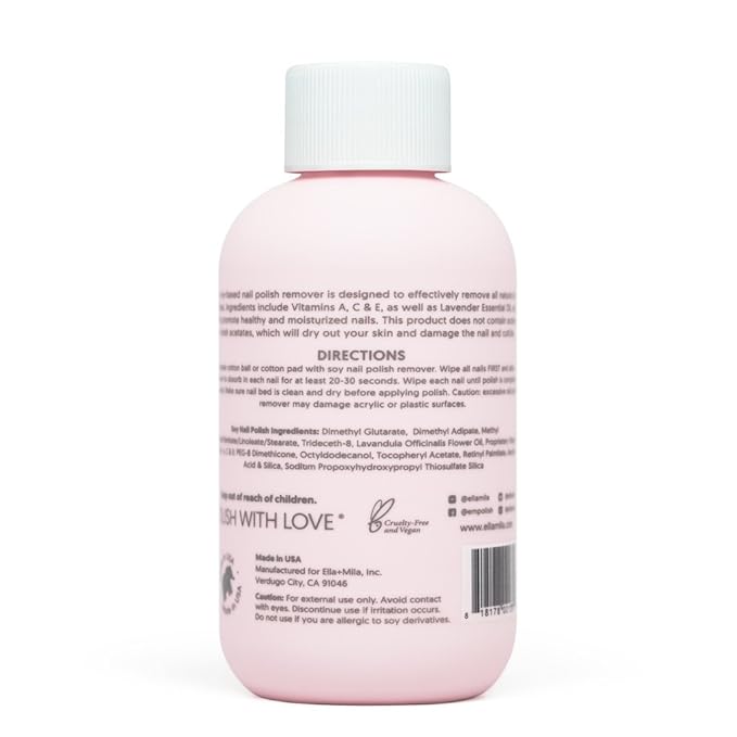 ella+mila Soy Nail Polish Remover - Non-Acetone, Non-Toxic Fingernail Polish Remover for Natural Nails - Gentle, Vegan Formula with Lavender Oil & Vitamins A, C & E (4 fl oz)