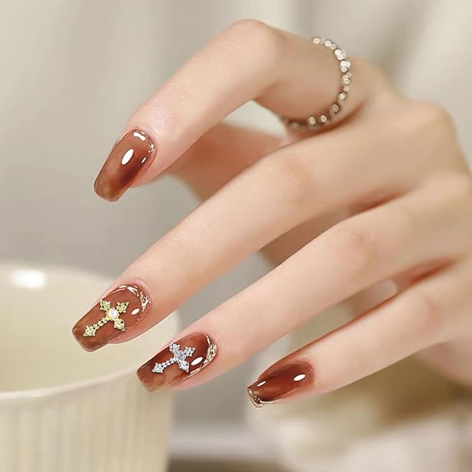 3D Cross Nail Charms, 40 Pcs Gold Silver Crystal Cross Decorations for Nail Art for DIY Design and Jewelry Making (Pearl+ Rhinestones)