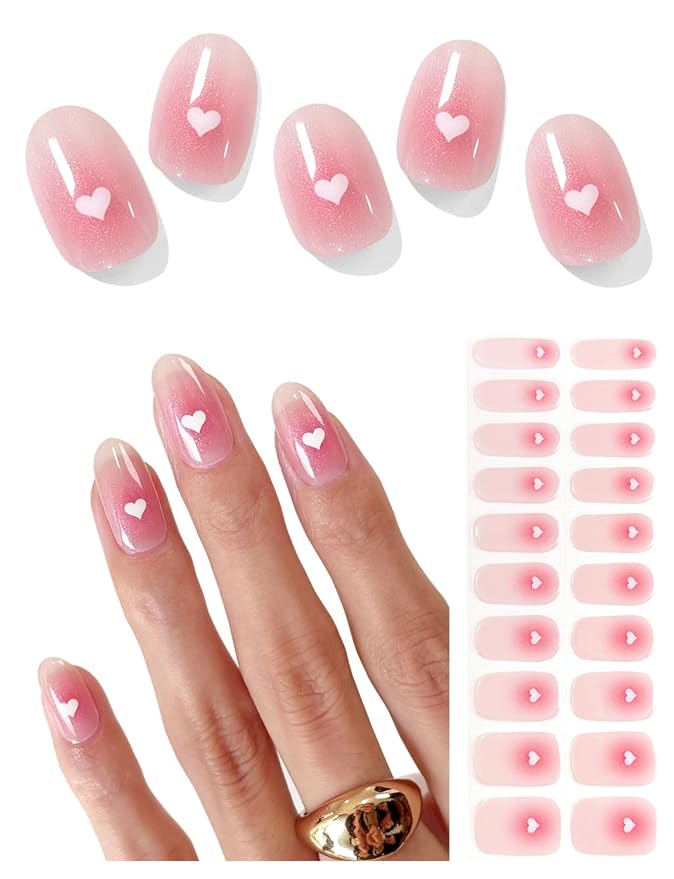 Semi Cured Gel Nail Strips (Pink Blurred Heart), Valentine's Day, 20 Pcs Gel Nail Wraps, Stickers, Salon Quality, Works with Any UV Lamps