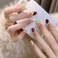 Press on Nails, Red Cat Eye False Nails with Gold Glitter, long stiletto Shape, 10 Pieces (Medium, LS)