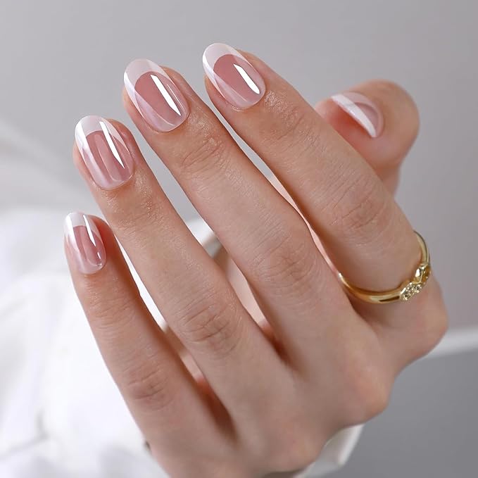 Findigit French Tip Gel Press On Nails Short - Pink Glossy Fake Nails White with Nail Glue for Women Gift, Supremely Fit Natural in 16 Sizes - 32 Stick On Nails Kit, Glossy Pink Ballet