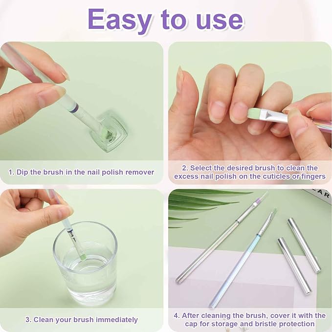 2pcs Nail Clean up Brushes, Painting Gel Manicure Brushes for Fingernails with Flat & Angled Acrylic Head Pen Painting Remover Tools for Nail Design Art & Polish Mistake Cleaning
