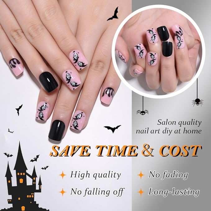Halloween Black Press on Nails Petite Short Square with Spider Design, Black Artificial Extra Short Fake Nails with Cobweb Designs, Soft Gel Full Cover Cute Stick on Acrylic Nail for Women Girls