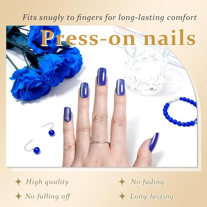 Blue Cat Eye Press on Nails Medium Square, Medium Square Press Stick on Nails Chrome for Women Gift, Blue Holographic Glitter Glossy Reusable Soft Gel Acrylic Fake Nail with Designs Cateye Effect