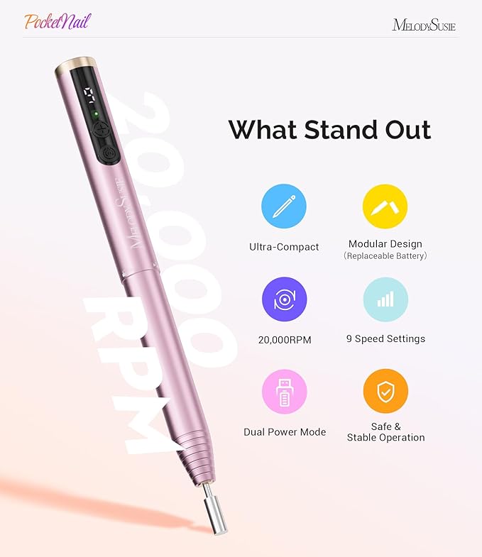 MelodySusie PocketNail Pen-Shaped Cordless Modular Nail Drill, PC100GR 20000RPM Slim Portable Rechargeable Electric File for Manicure Pedicure Nail Care, Shaping & Gel Removal at Home for Beginners