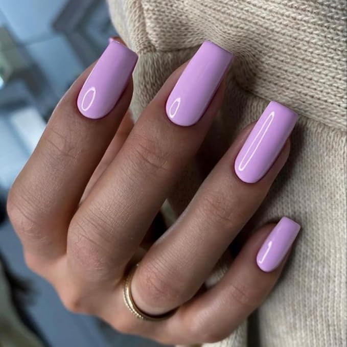KQueenest Light Purple Press on Nails Long Medium Square, Lilac Fake Nails Medium Coffin, Glossy Sheer Color Acrylic Nails Press ons, Reusable Soft Gel Glue on Nails for Women Daily Wear