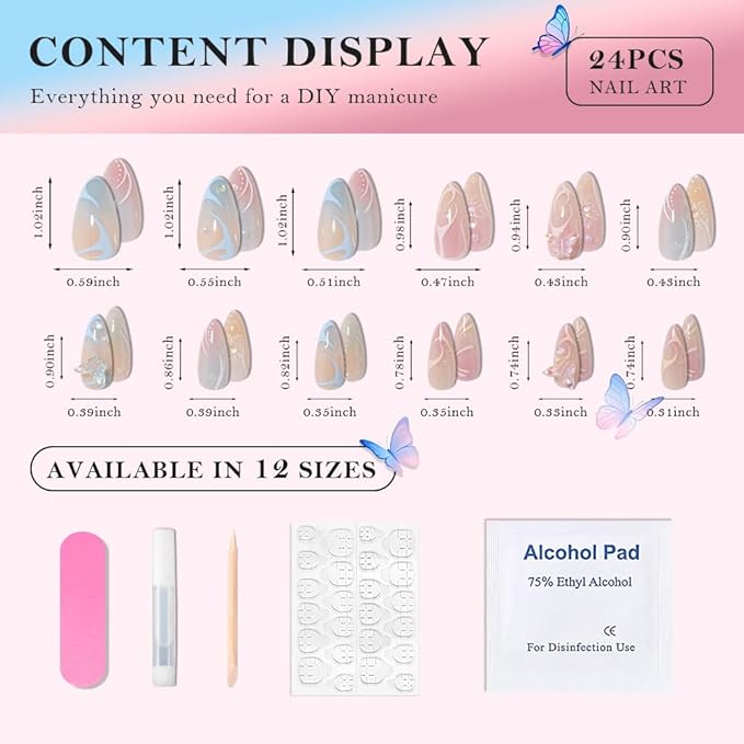 3D Press on Nails Medium Almond with Streamline Floral Design, Nude Pink Blue Ombre Nail Press ons Glossy Stick on Nails for Women Reusable with Kit, Stick on Cute Fake Nail with Designs Perfectly Fit