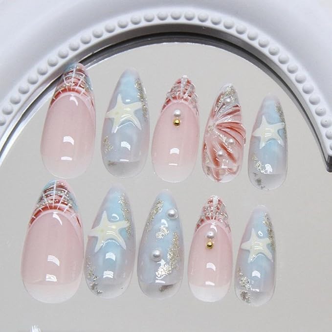 Ocean Press on Nails - Medium Almond Stick on Nails - Pearl Seashell Design - 3D Starfish False Nail Full Cover Blue Handmade Glue on Nails Glossy Summer Fake Nail for Women Manicure 24Pcs