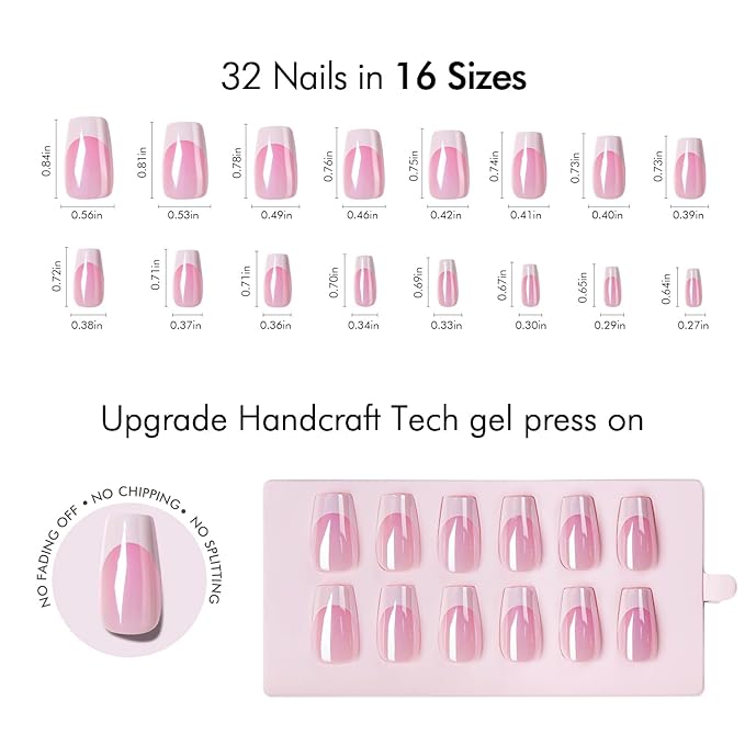 VSALON Press on Nails Short Coffin - Pink French Tips Glazed Chrome Fake Nails Kit, Long-Lasting & Reusable Opaque Soft Gel Spring Nails with Glue & Cuticle Oil